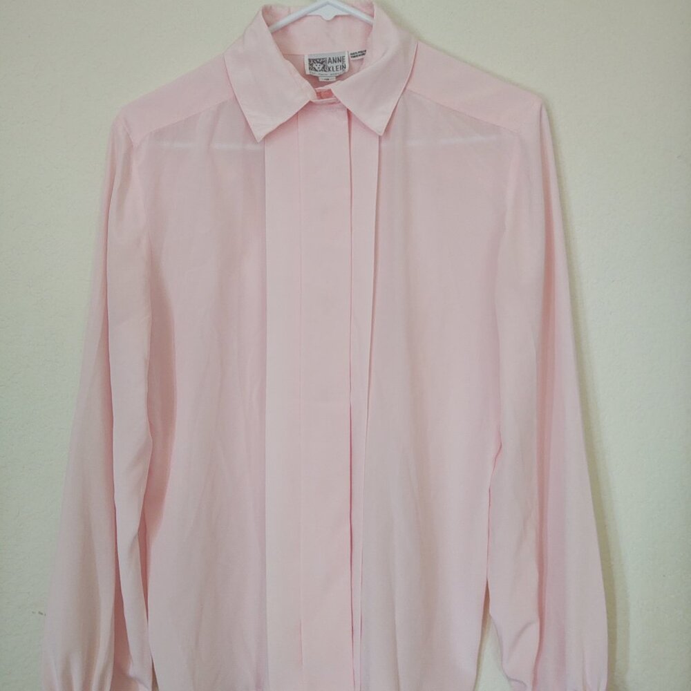 ANNE KLEIN FAR NEW ASPECTS BLUSH PINK BLOUSE PLEATED WRIST COLLARD SIZE 10
